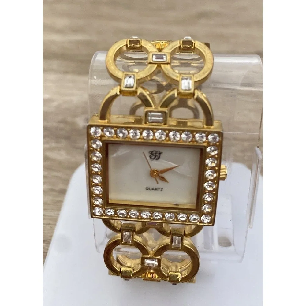 Gold Tone EJ Quartz Watch With Rhinestone Accents Womens Geometric Circular Wide